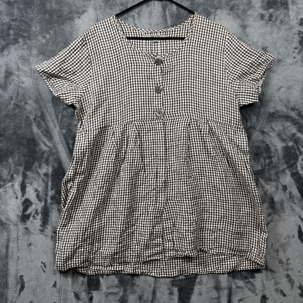 Flax Tunic Top Womens M Brown Gingham Linen Short Sleeve Babydoll Blouse